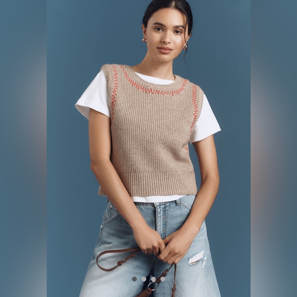 🧶 Pilcro Twofer Zig-Zag Sweater Vest + Detachable Tee (Tan) — NWT XS